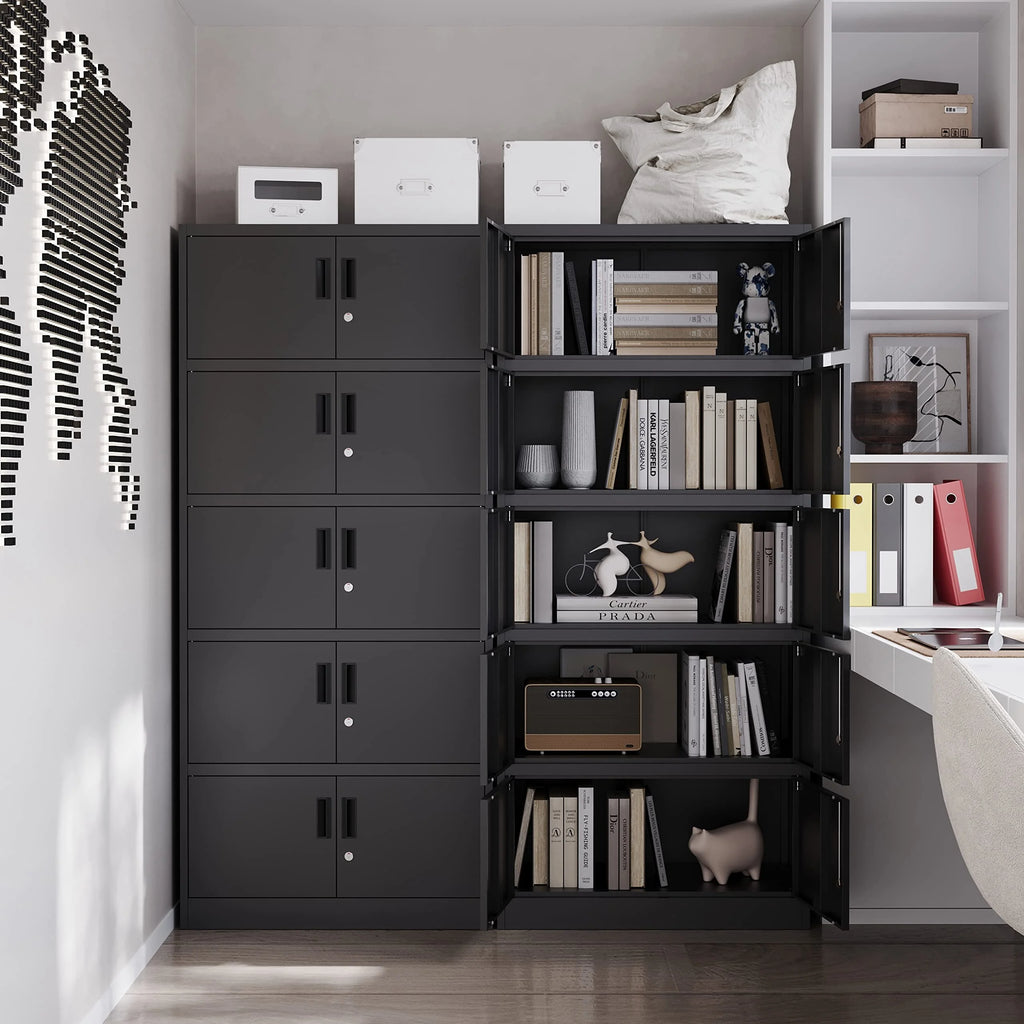 Metal Storage Cabinet with Lock, 10 Locking Doors, Black Steel U529965