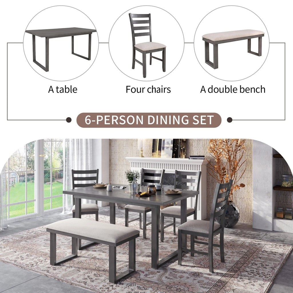 6 Piece Solid Wood Dining Set with Table 4 Chairs and Bench Gray S240