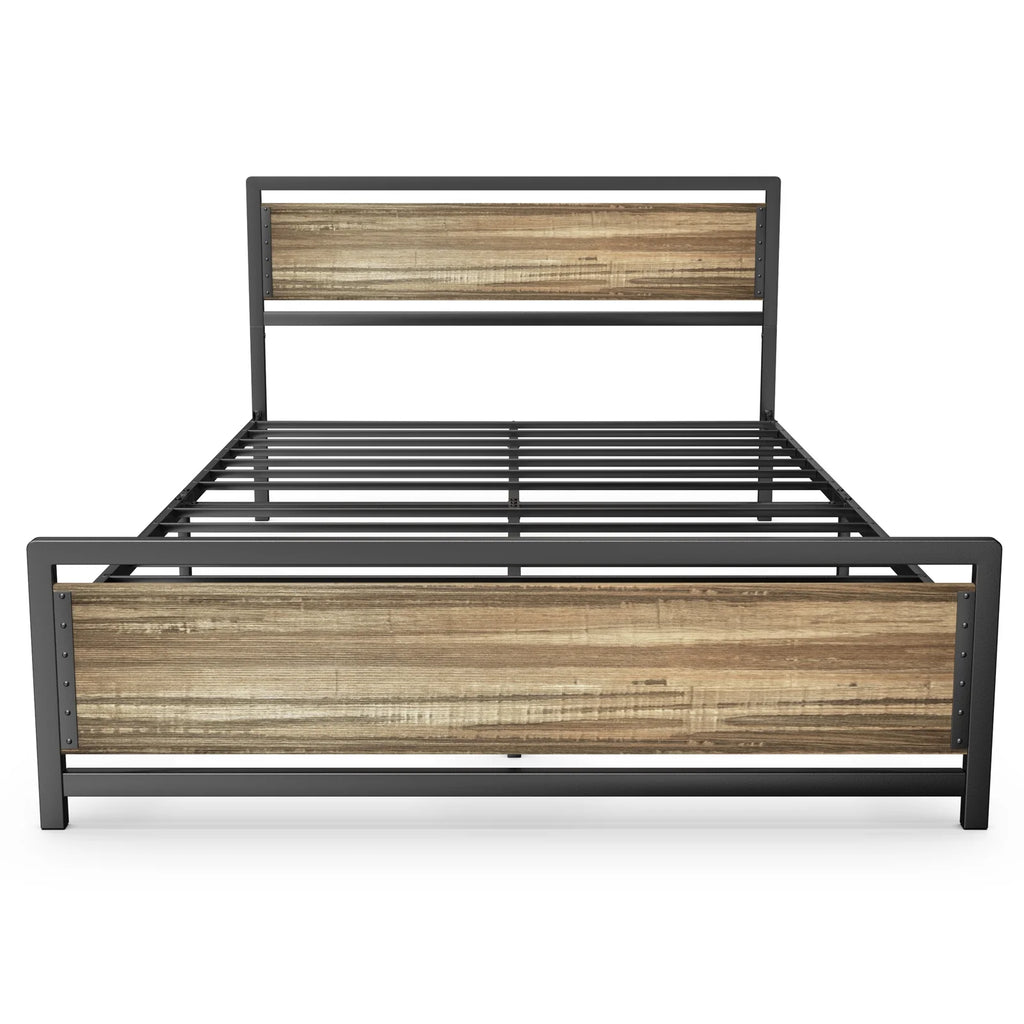 Queen Size Metal Platform Bed Frame with Wooden Headboard Footboard H48274