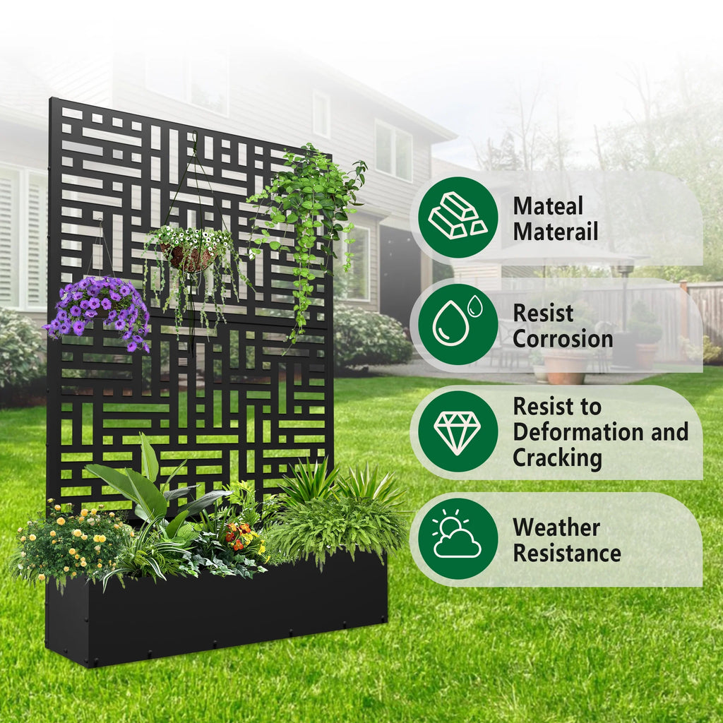 71'' Metal Planter with Trellis, Raised Garden Bed with Drainage Hole, Black H279