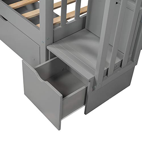 Twin Over Full Wooden Bunk Bed with Trundle and Stairway A653