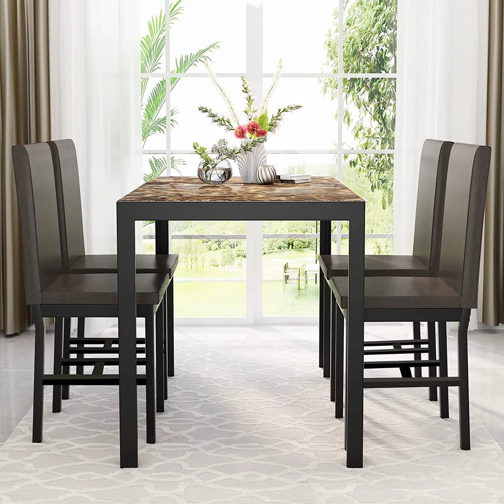5 Piece Marble Dining Table Set with Faux Leather Metal Frame Chairs B5478