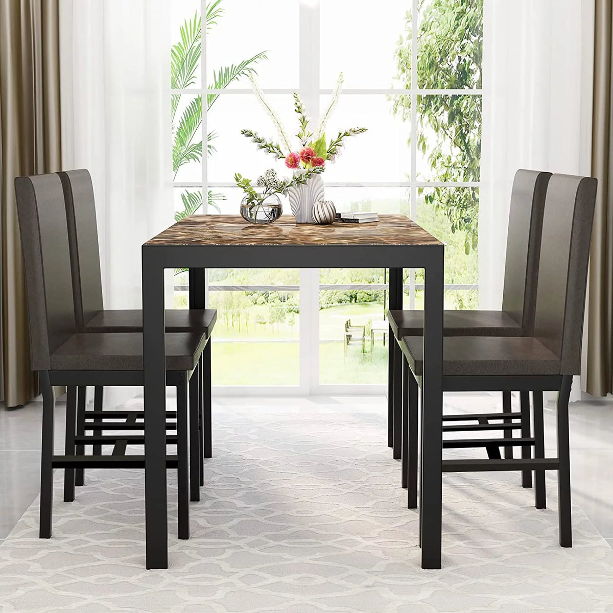 5 Piece Marble Dining Table Set with Faux Leather Metal Frame Chairs B5478