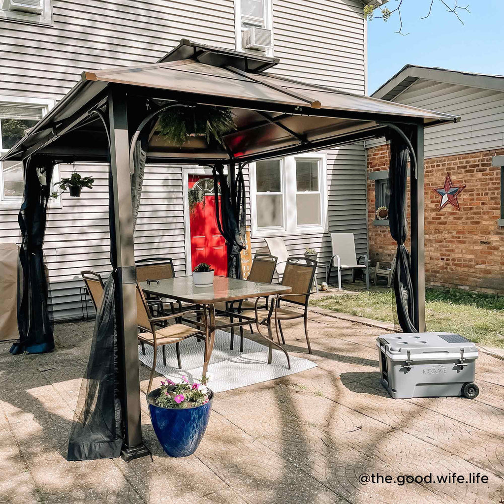 Brown 10x12 ft. Steel Frame 2-Tier Hardtop Roof Gazebo with Netting W48876