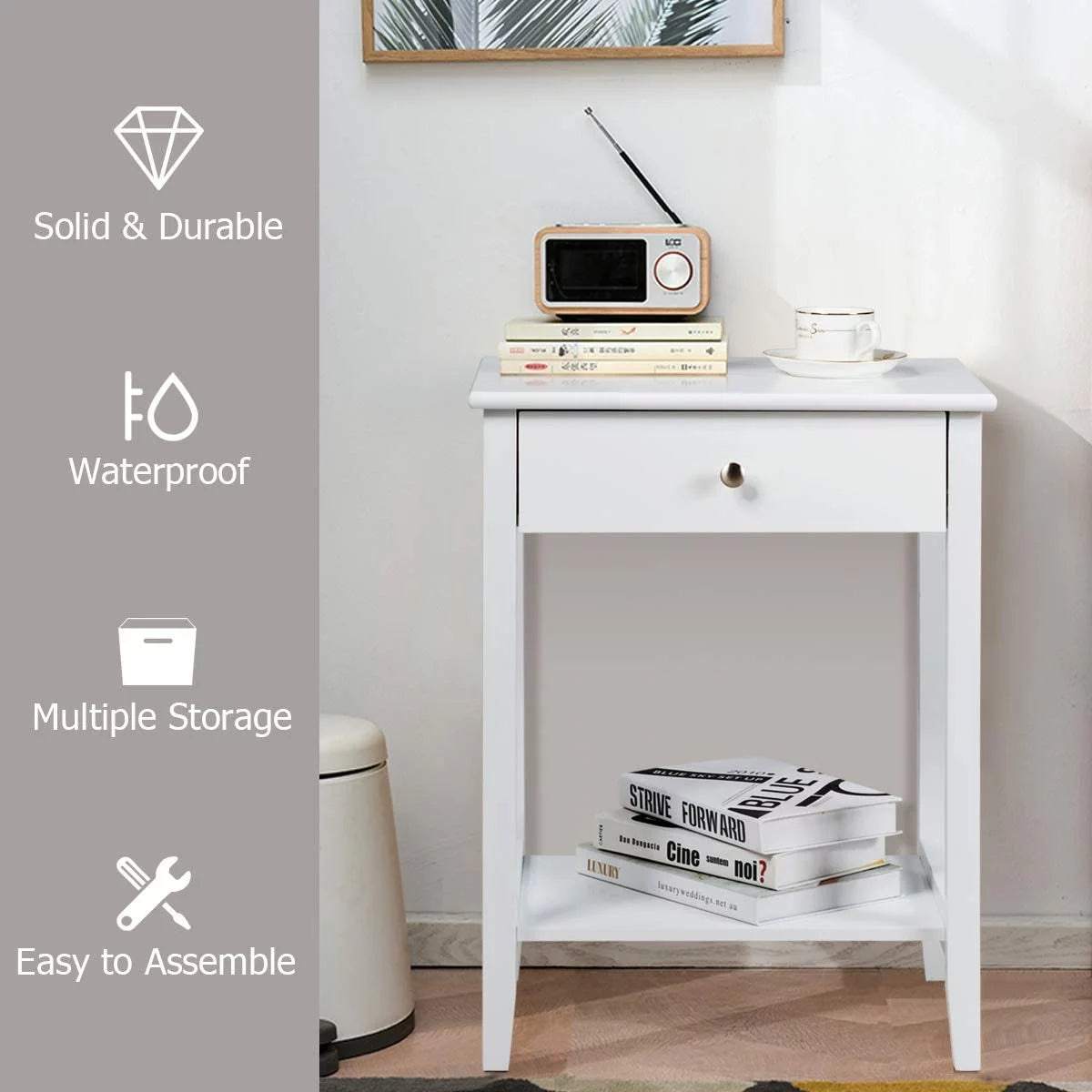White 2-Tier Wooden Nightstand with Drawer R9357