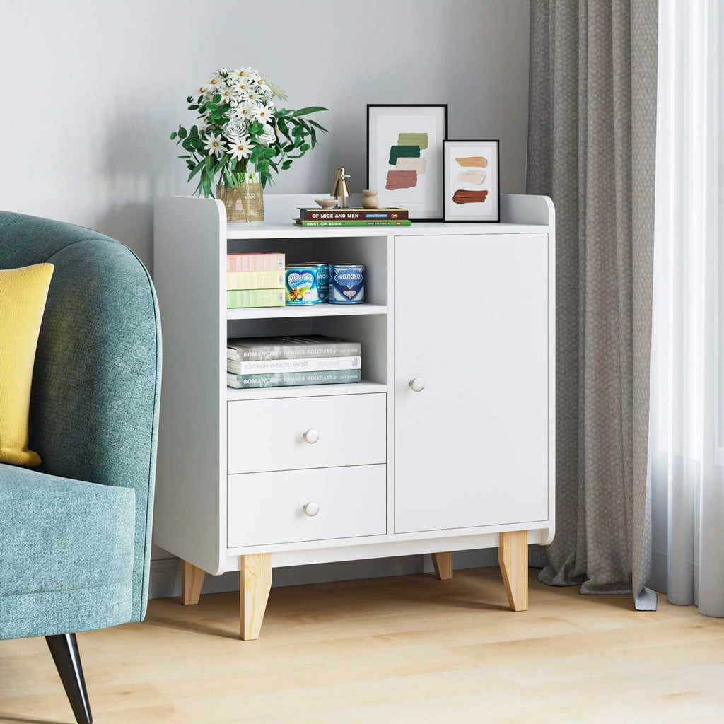 White Wooden Floor Storage Cabinet with Door and Drawers M348371