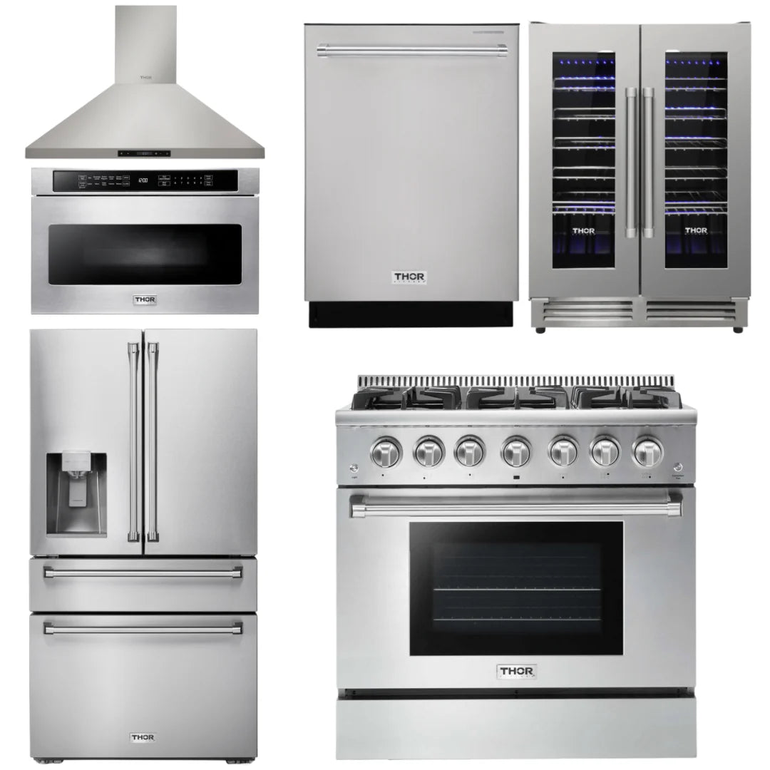 36 Propane Gas Range, Range Hood, Microwave, Refrigerator, Dishwasher, Wine Cooler T71345