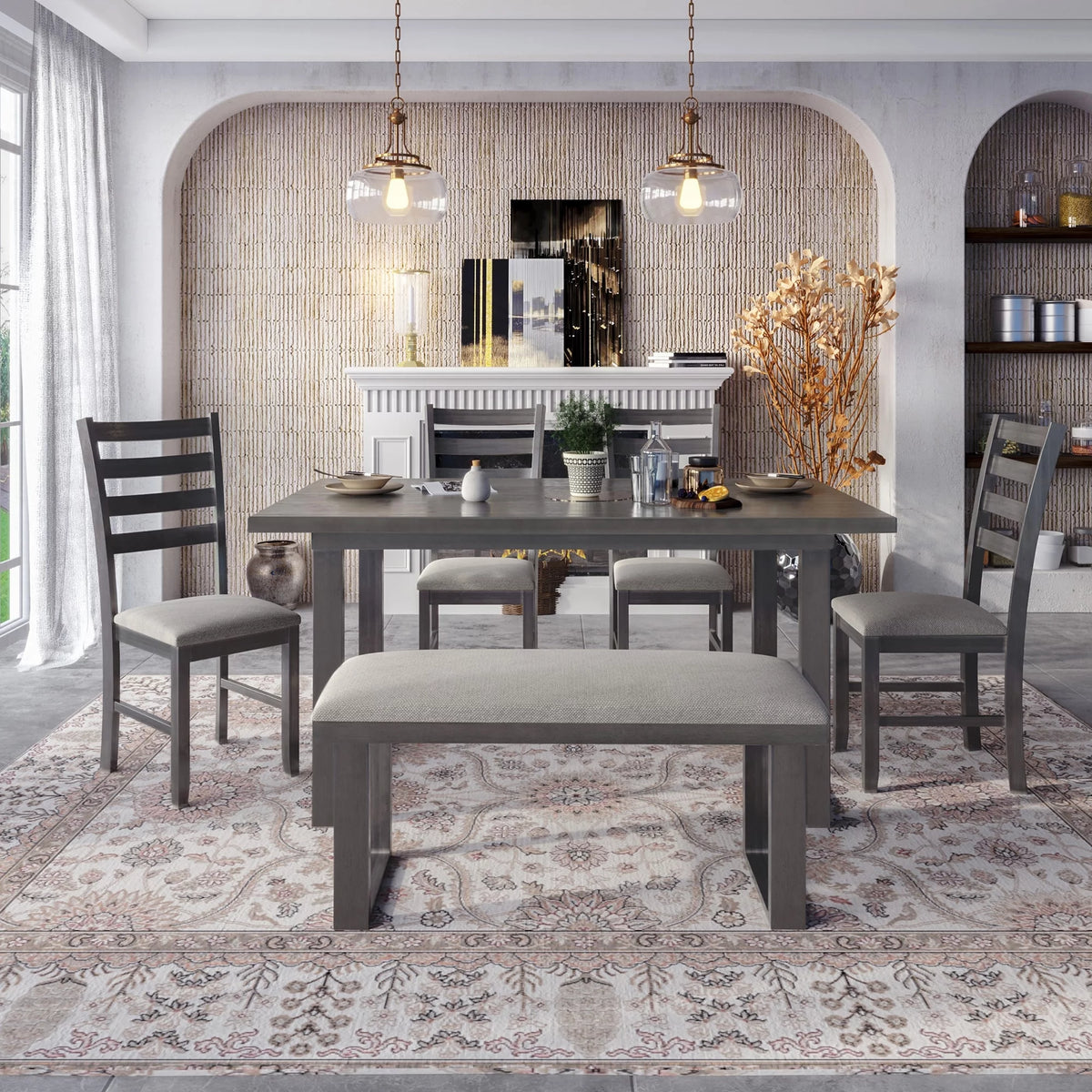 6 Piece Solid Wood Dining Set with Table 4 Chairs and Bench Gray S240