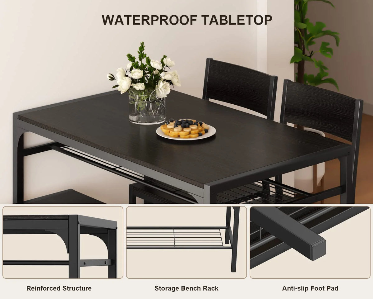 Black Dining Table Set of 4 with 2 Chairs 1 Bench E521