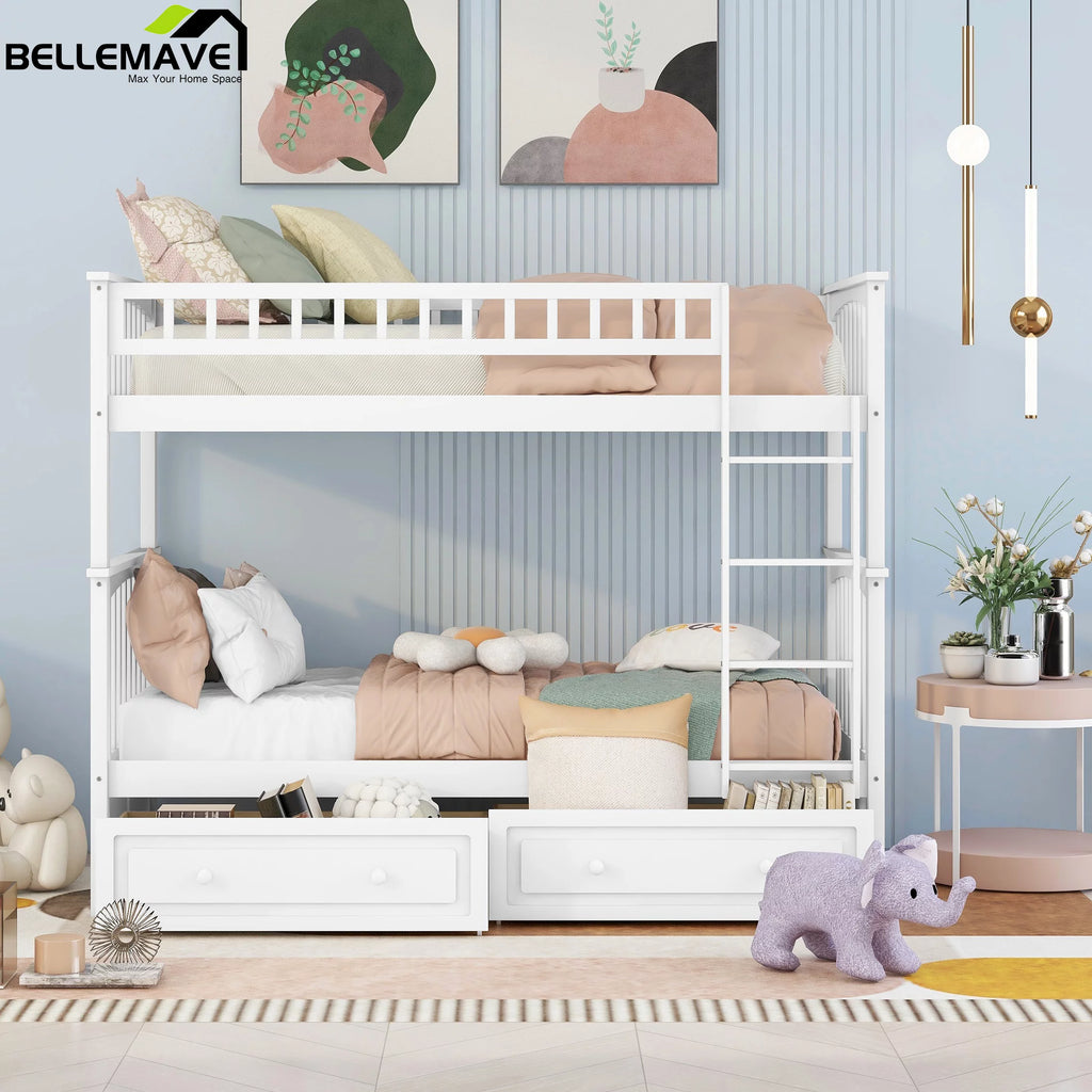 White Twin Over Twin Wooden Bunk Bed with 2 Storage Drawers M5682