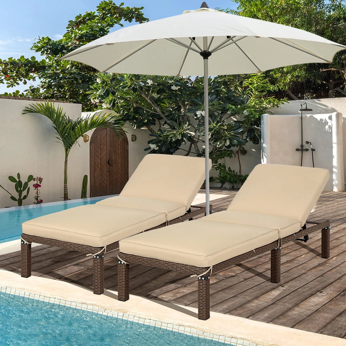 Rattan Wicker Chaise Lounge Chair with Adjustable Backrest & Cushion, Set of 2 K911