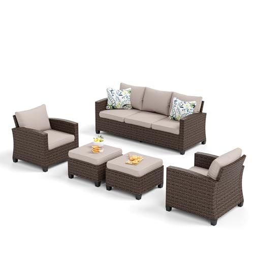 Brown Wicker Rattan 7 Pieces Patio Furniture Set with Cushion and Firepit Table I61824