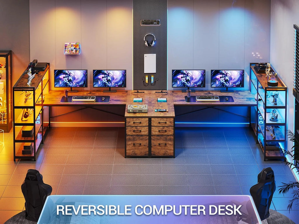 Reversible U Shaped Computer Desk with Power Outlet and LED Strip T737865