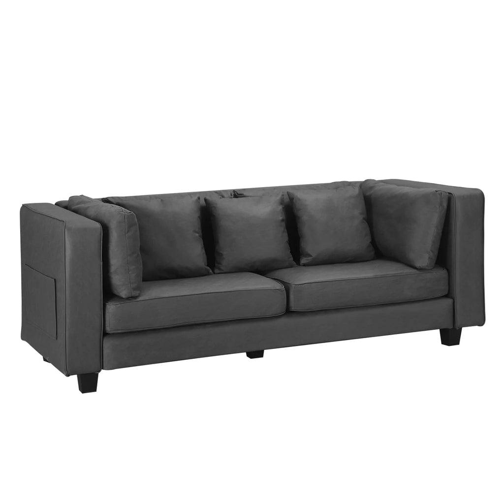 Grey Faux Leather Sofa with 5 Pillows I703