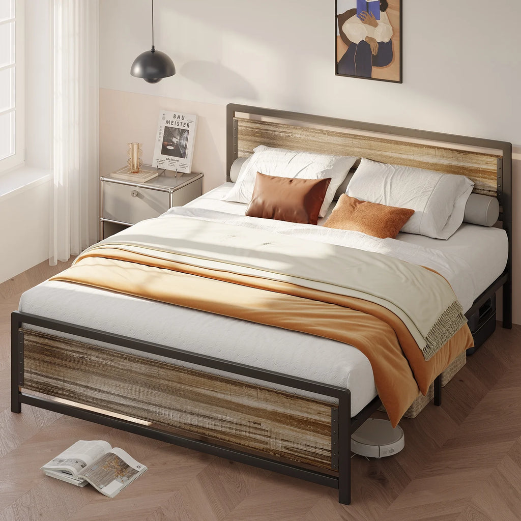 Queen Size Metal Platform Bed Frame with Wooden Headboard Footboard H48274