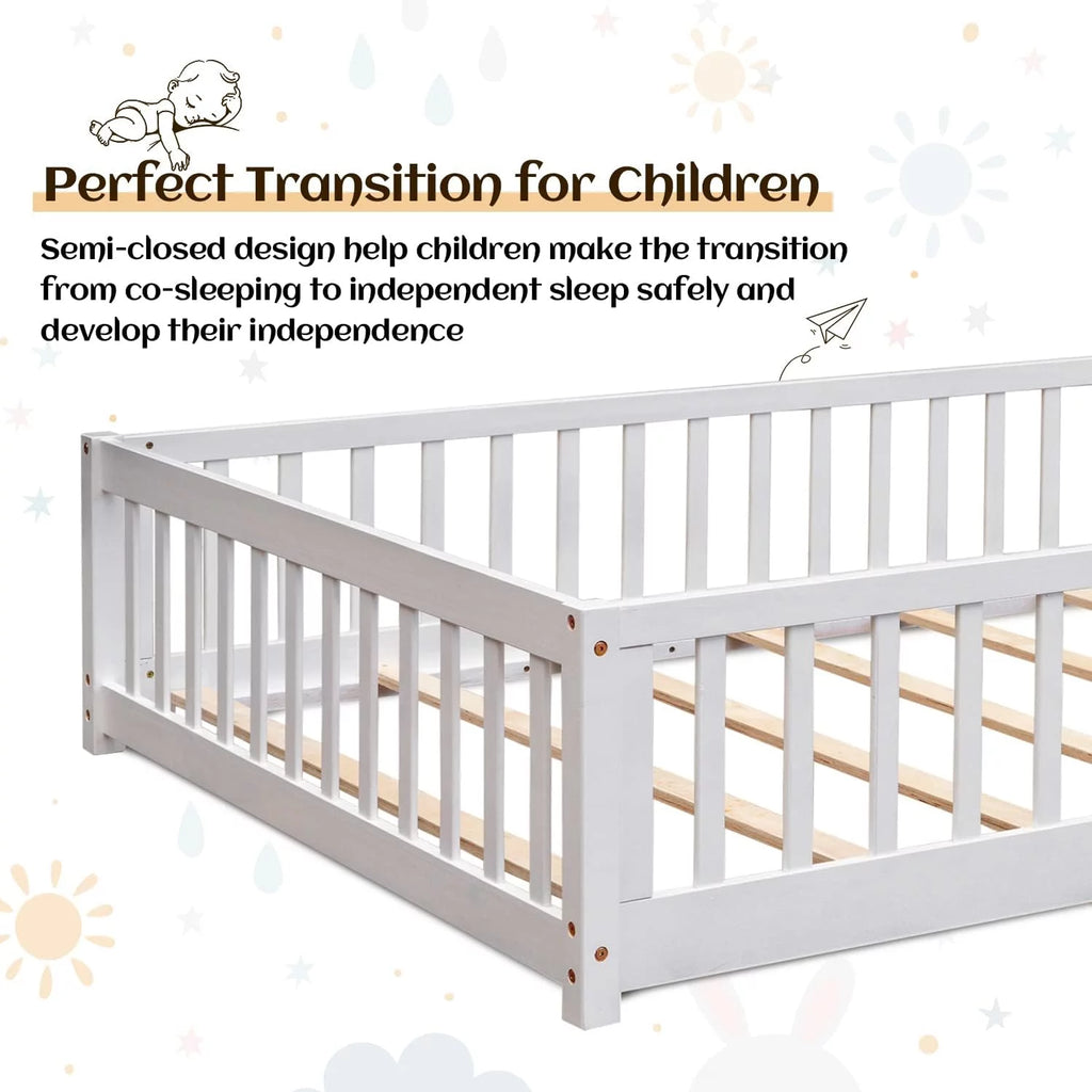 White Twin Floor Bed Frame with Fence and Wood Slats X246