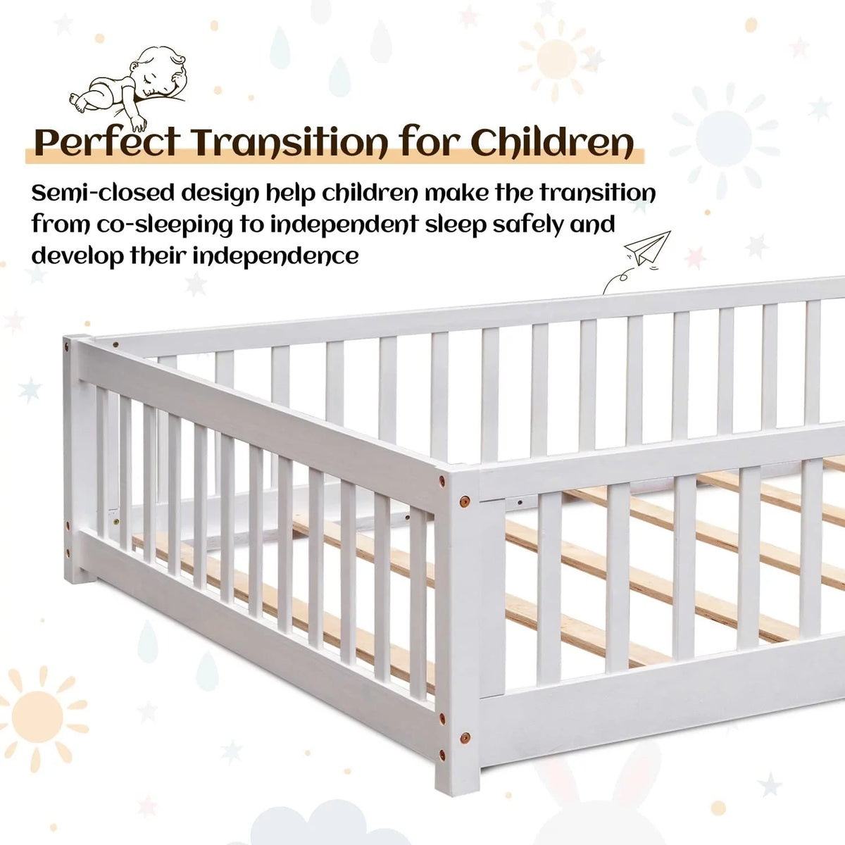 White Twin Floor Bed Frame with Fence and Wood Slats X246