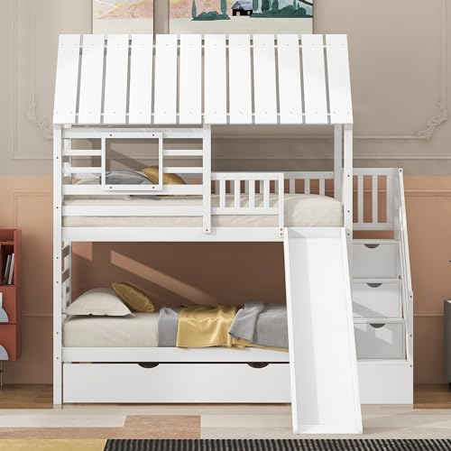 White Twin Over Twin Wood Bunk Bed with Slide and Trundle F422