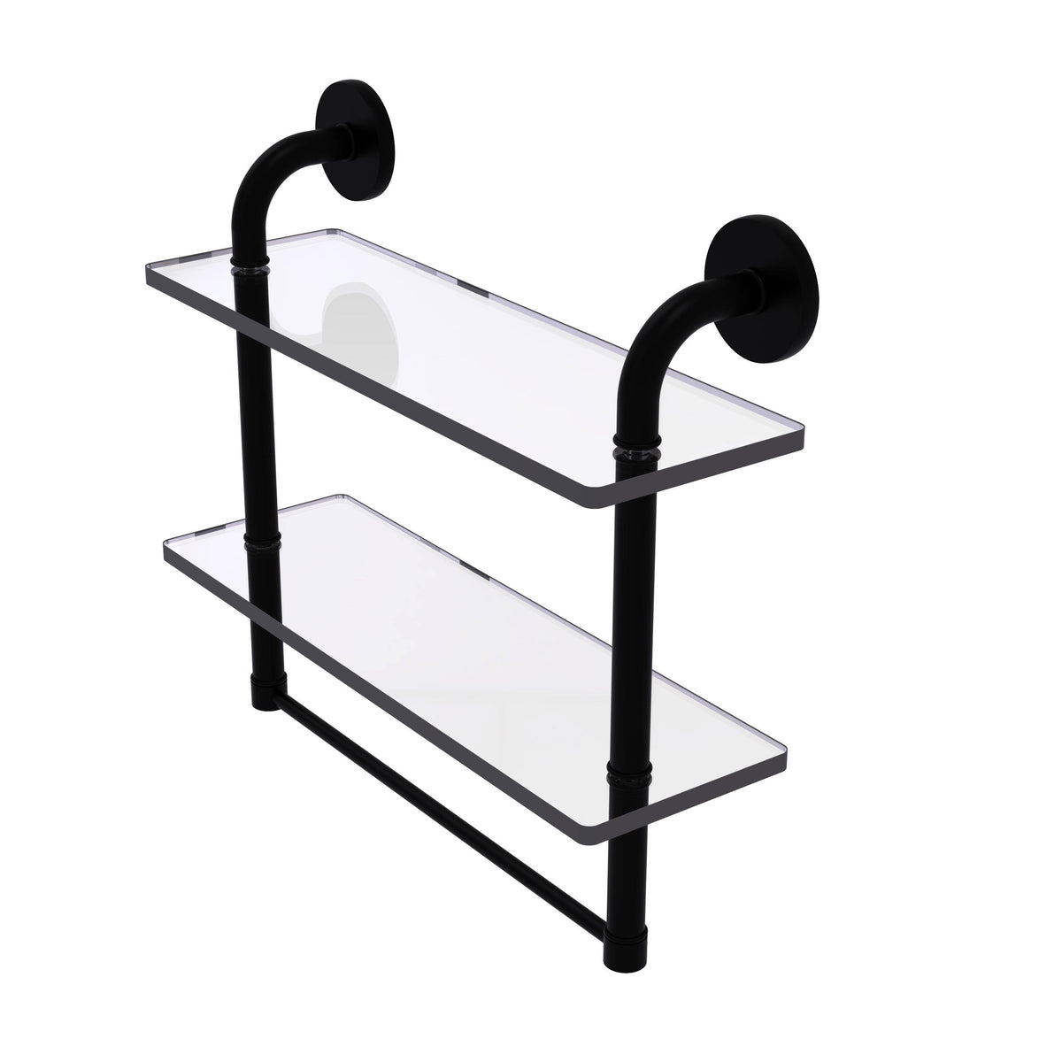 Matte Black 16 inch Two Tiered Glass Shelf with Towel Bar B789669