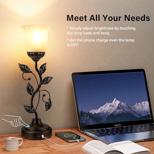 Touch Table Lamp with USB Charging Ports 3 Way Dimmable Amber Glass Lampshade P598