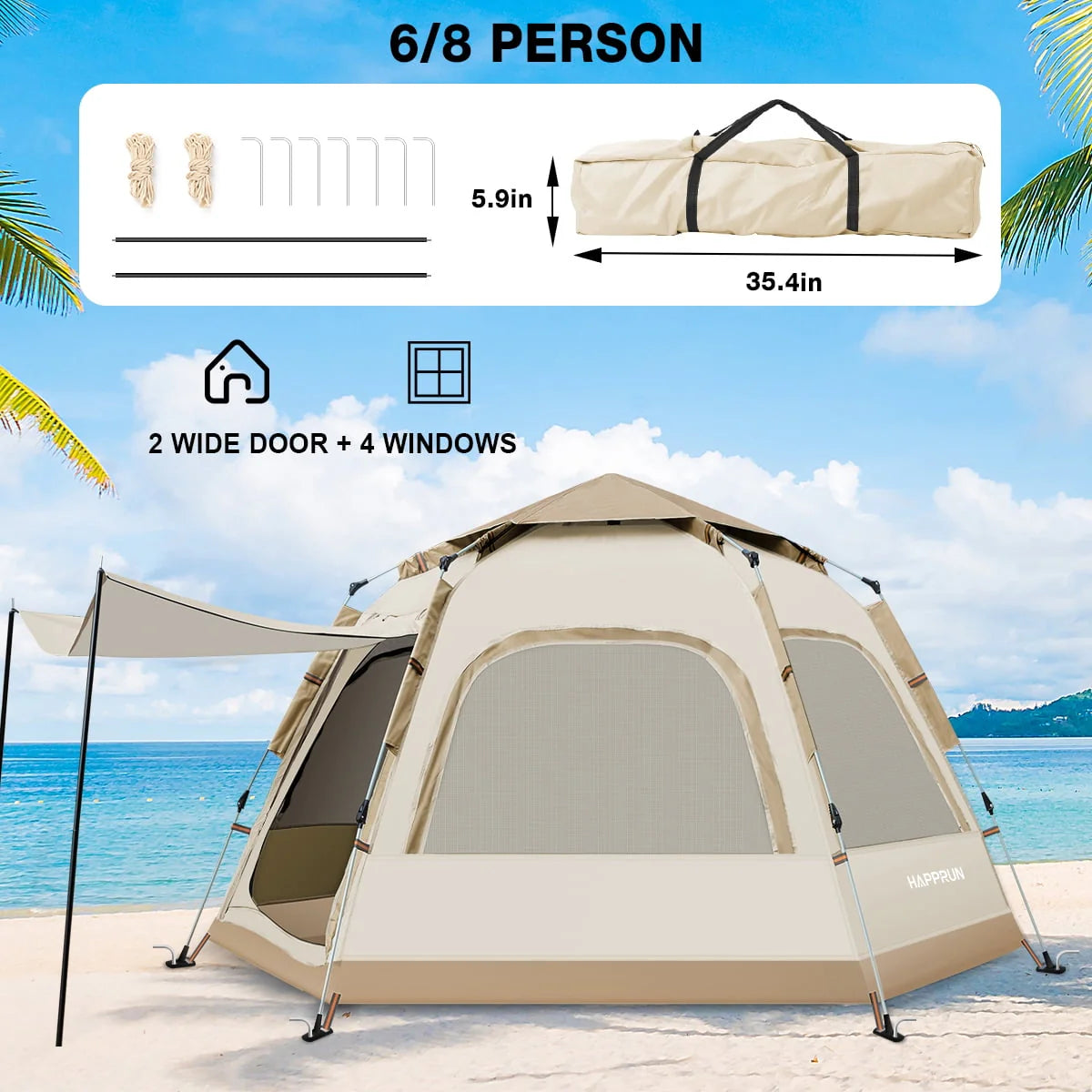 6-8 Person Waterproof Tent with Rain Fly and Carrying Bag T84228