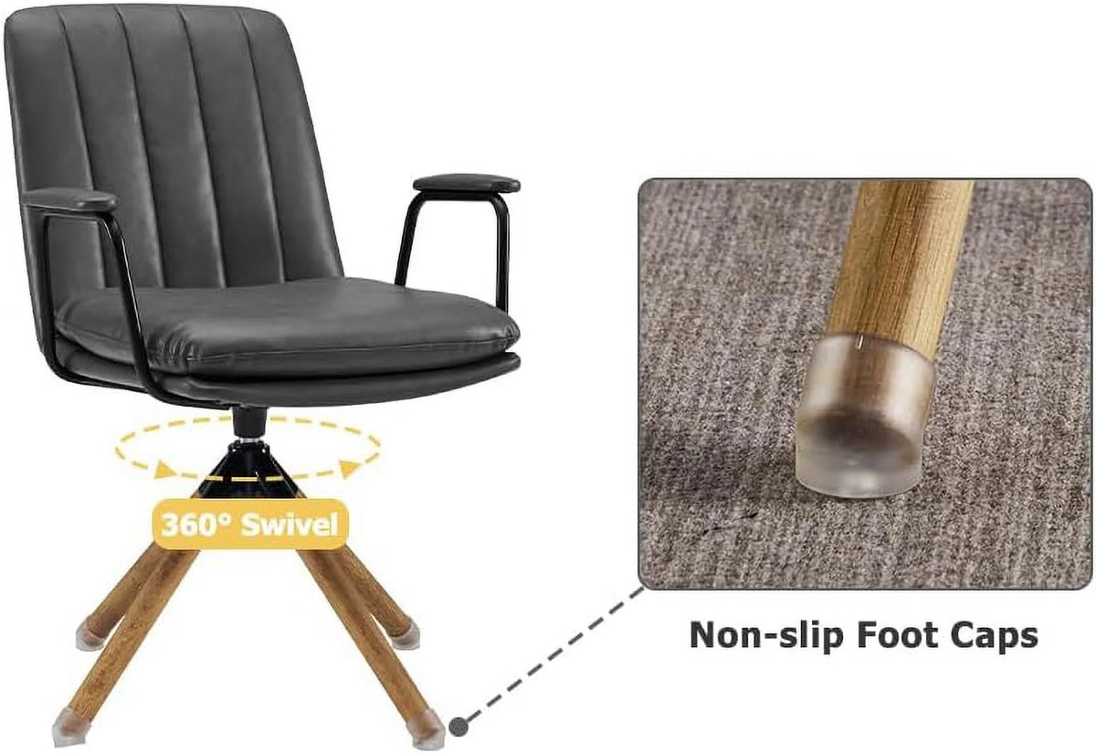 OffWhite PU Leather Swivel Office Chair with Oak Wood Legs O902297