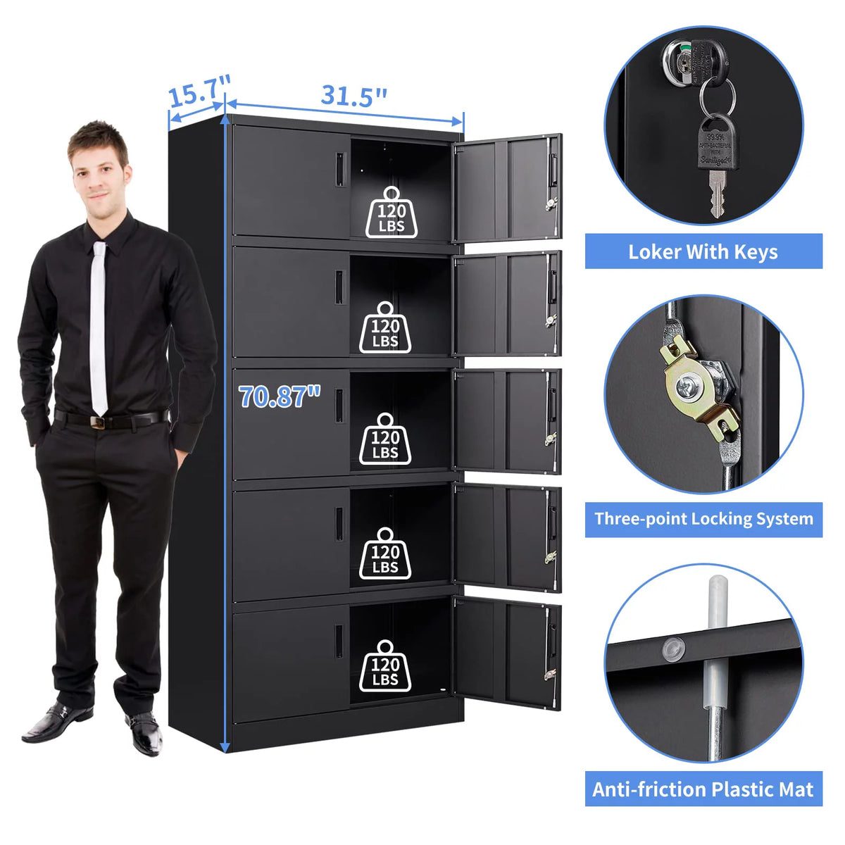 Metal Storage Cabinet with Lock, 10 Locking Doors, Black Steel U529965