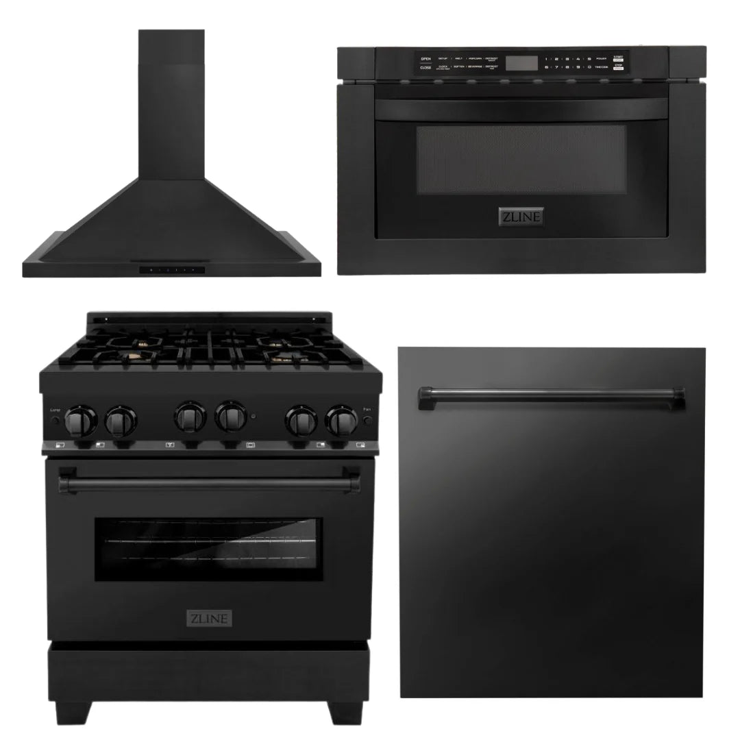 30 in. Black Stainless Steel Gas Range, Range Hood, Microwave Drawer and Dishwasher H75996