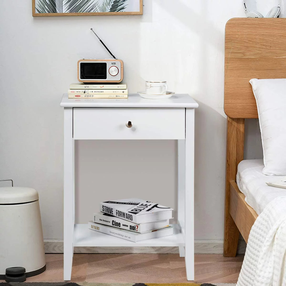 White 2-Tier Wooden Nightstand with Drawer R9357