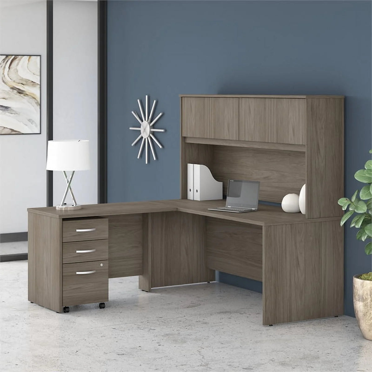 72W Engineered Wood L Desk with Hutch and Drawers A12173