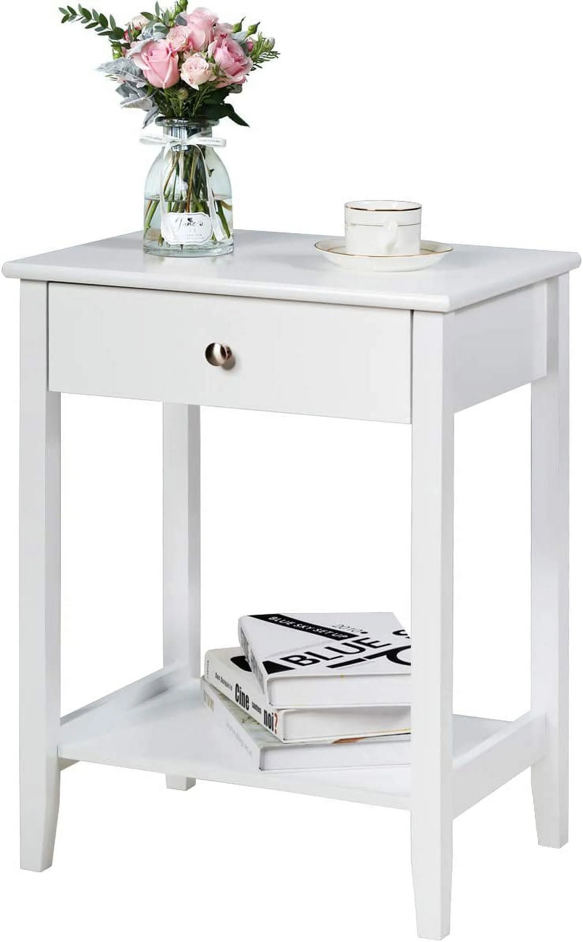 White 2-Tier Wooden Nightstand with Drawer R9357