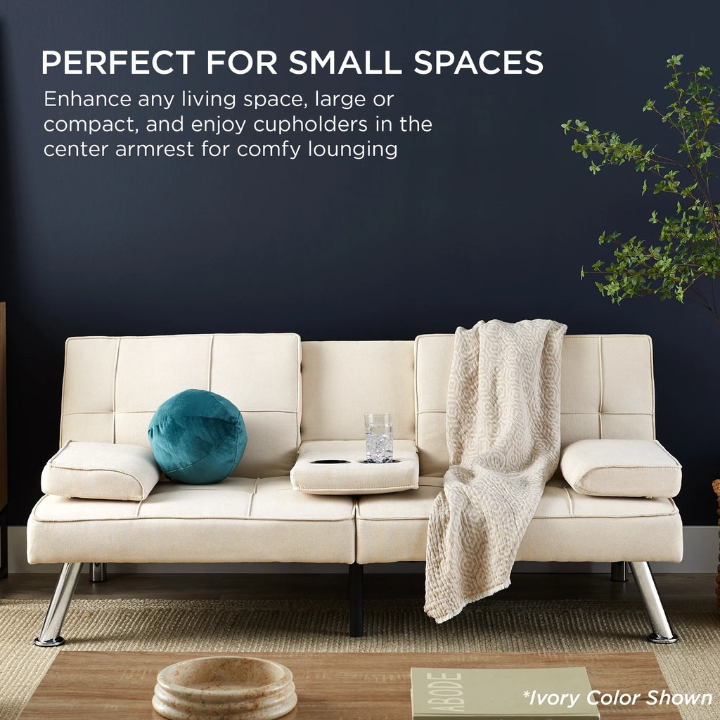 Gray Linen Convertible Futon Sofa Bed with Cupholders N388649