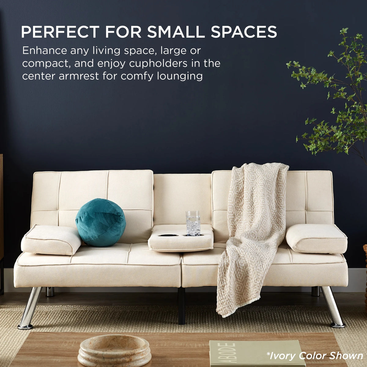 Gray Linen Convertible Futon Sofa Bed with Cupholders N388649