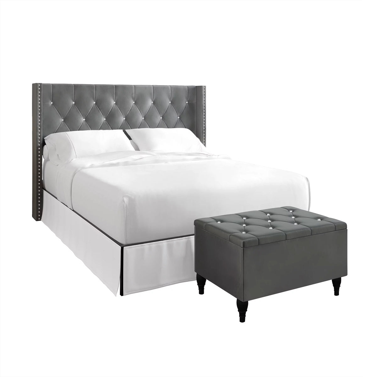 Black Velvet Upholstered Storage Bench Bed X94231