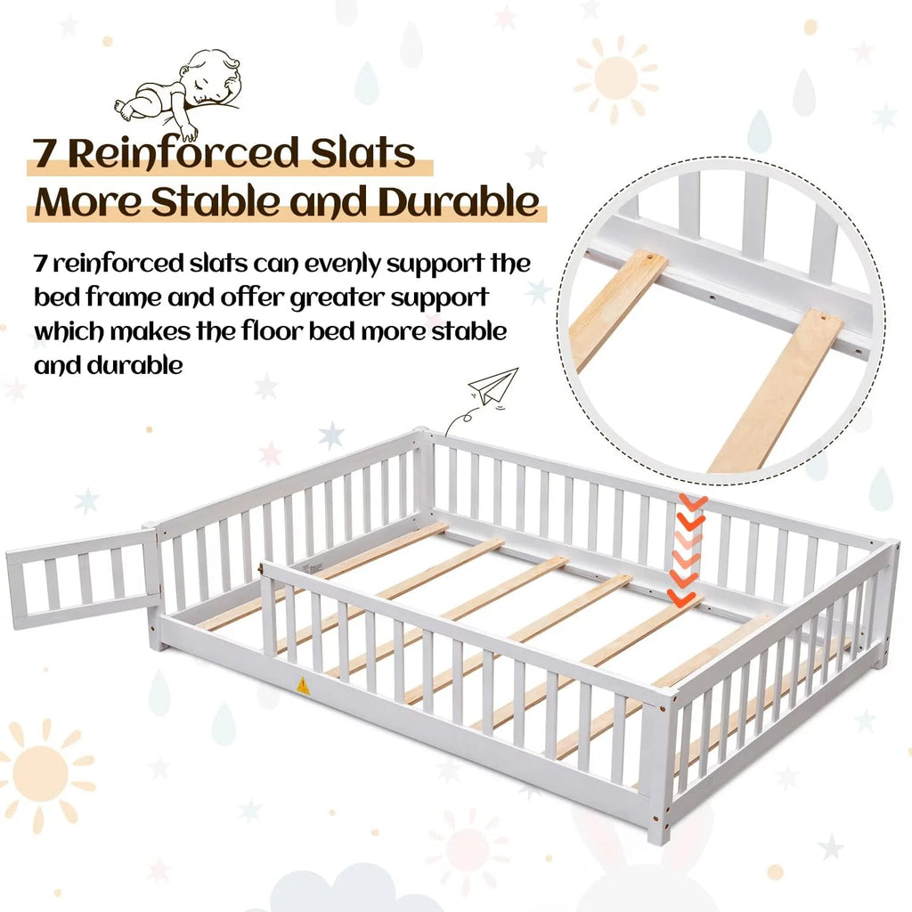 White Twin Floor Bed Frame with Fence and Wood Slats X246