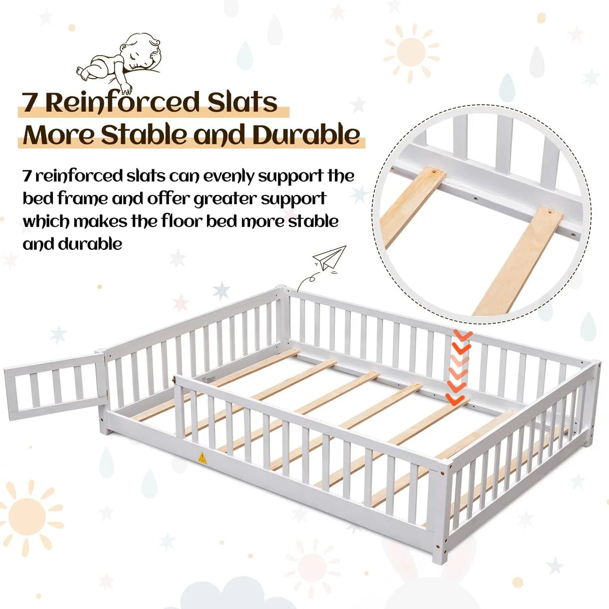 White Twin Floor Bed Frame with Fence and Wood Slats X246