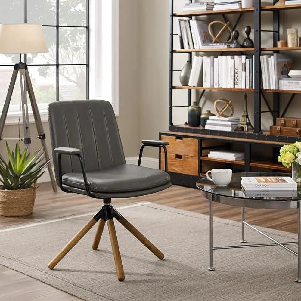 OffWhite PU Leather Swivel Office Chair with Oak Wood Legs O902297