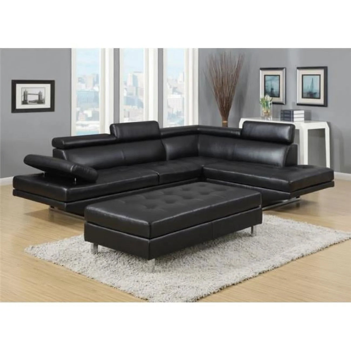 Black 3 Piece Bonded Leather Sectional Sofa Set L893596