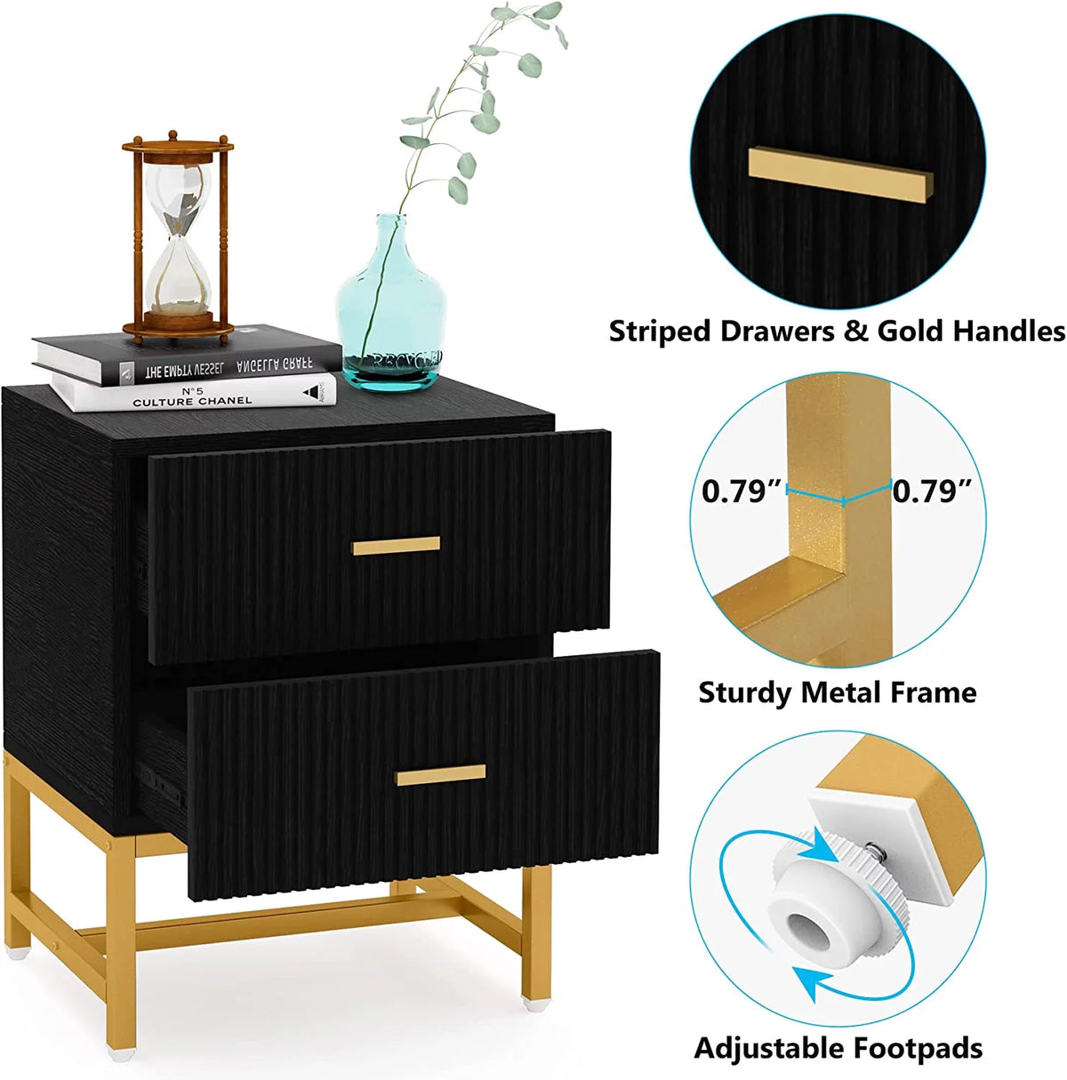 2-Drawer Wood Metal Nightstand T118
