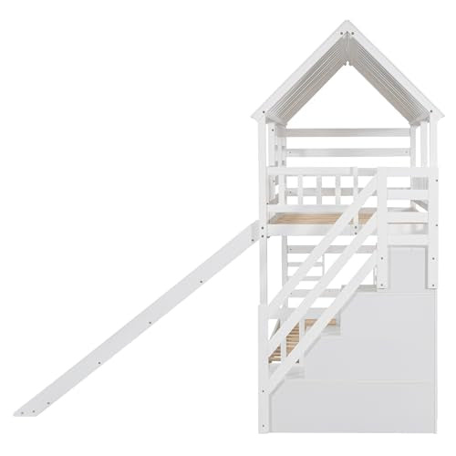 White Twin Over Twin Wood Bunk Bed with Slide and Trundle F422