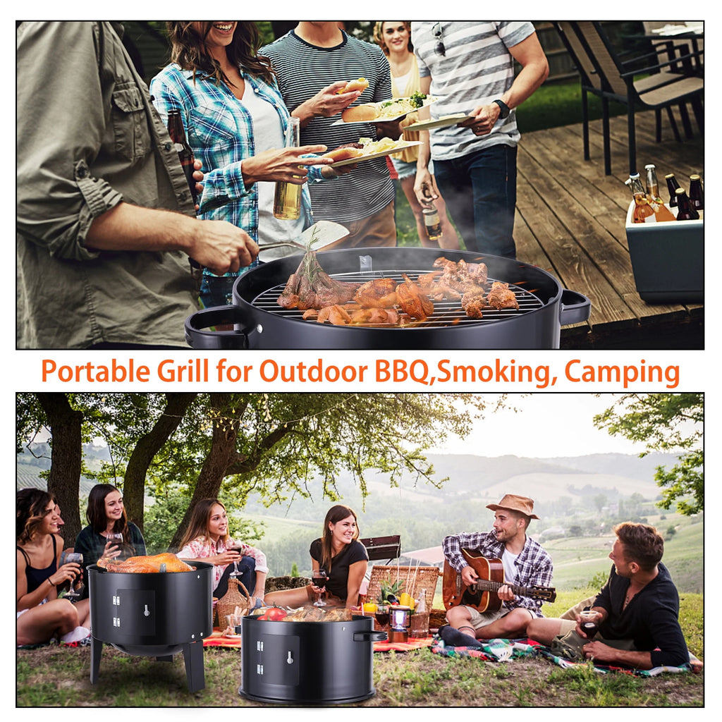 3-in-1 Steel Charcoal Smoker BBQ Grill with Thermometer M77232