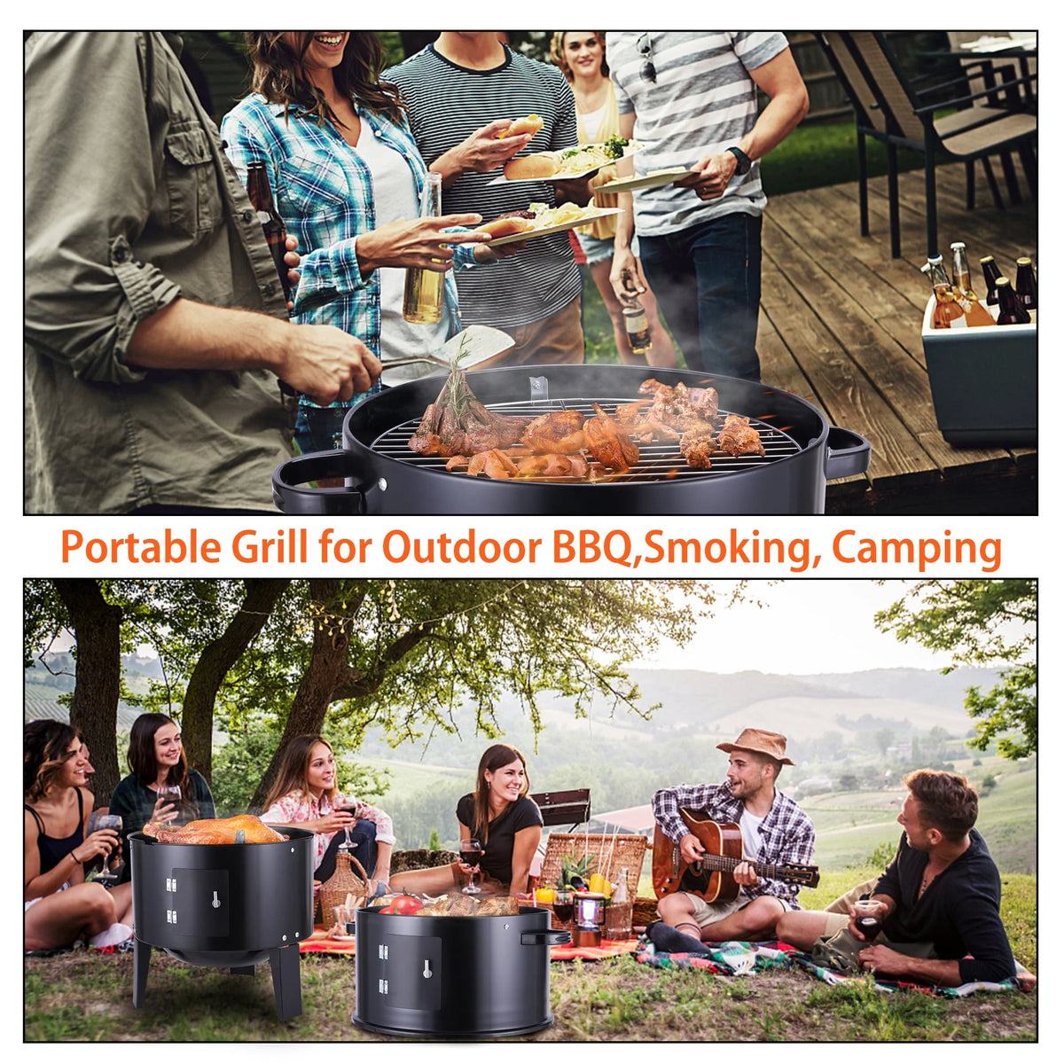3-in-1 Steel Charcoal Smoker BBQ Grill with Thermometer M77232