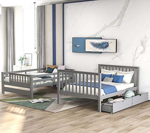 Twin Over Full Wooden Bunk Bed with Trundle and Stairway A653
