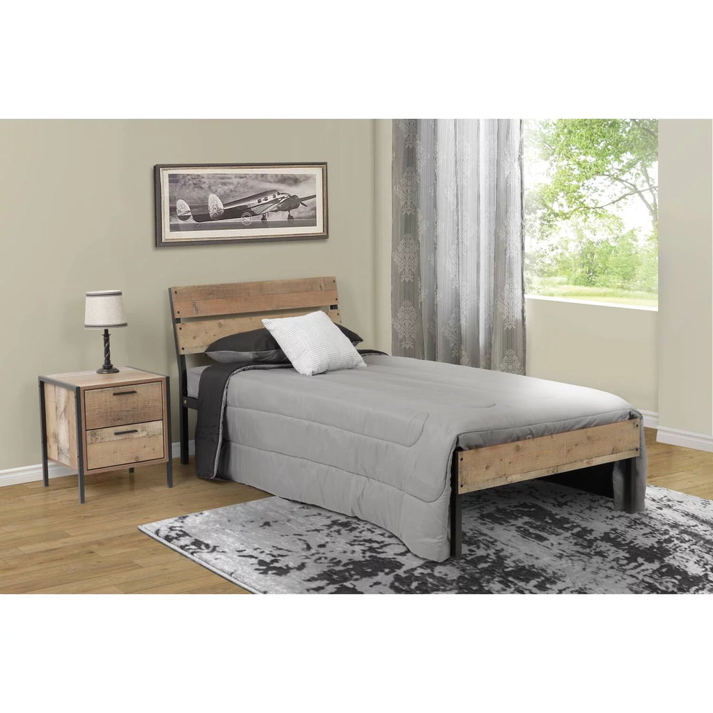 Twin Bed Frame with Black Metal Base and Rustic Barnwood Headboard and Footboard Q74241