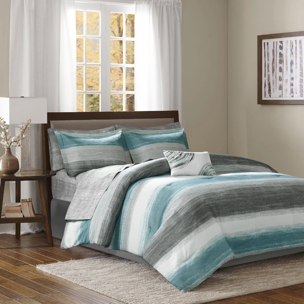 9-Piece Cal King Comforter Set with Cotton Bed Sheets Aqua Stripe T4728