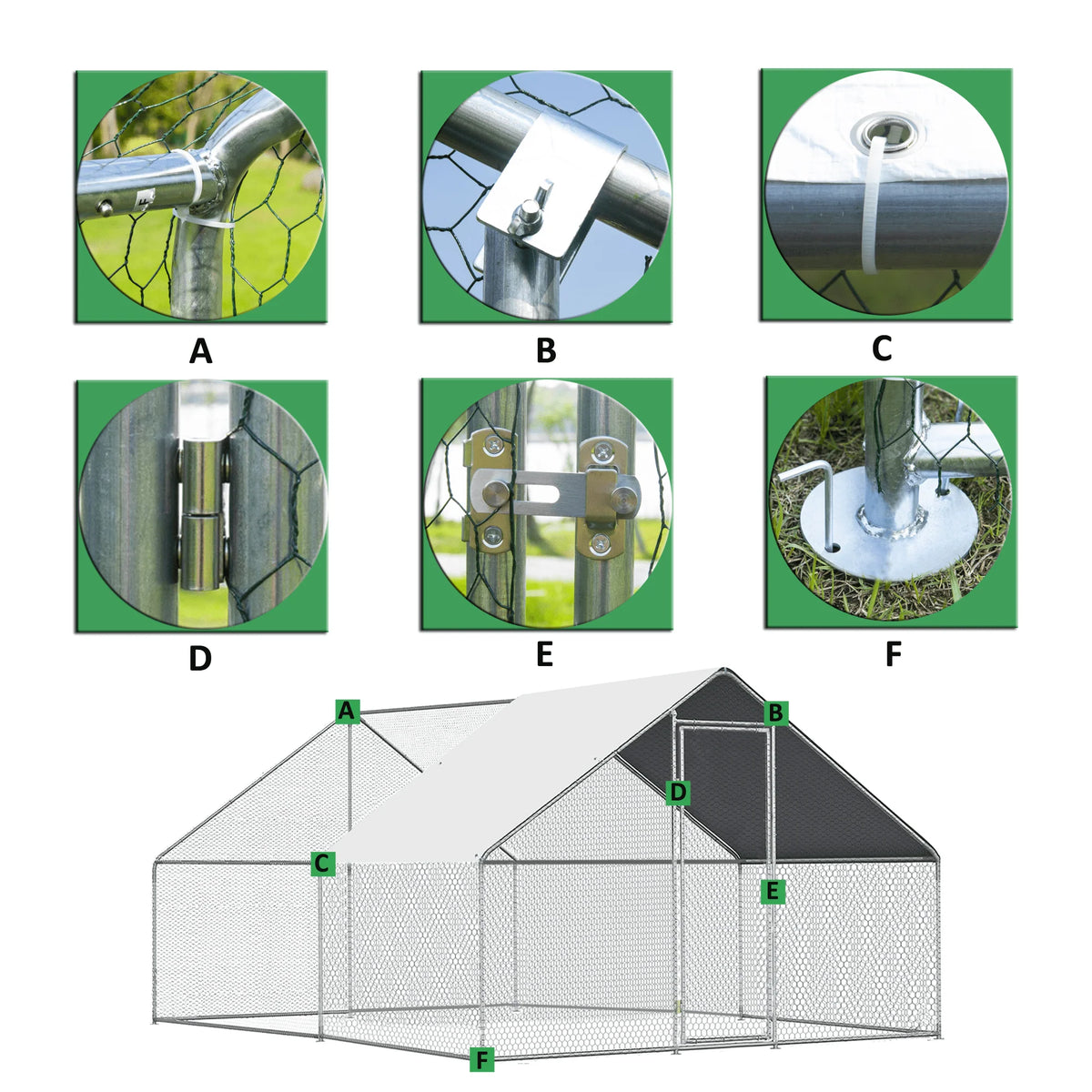 Large Walk-in Metal Chicken Coop with Roof Cover U659976