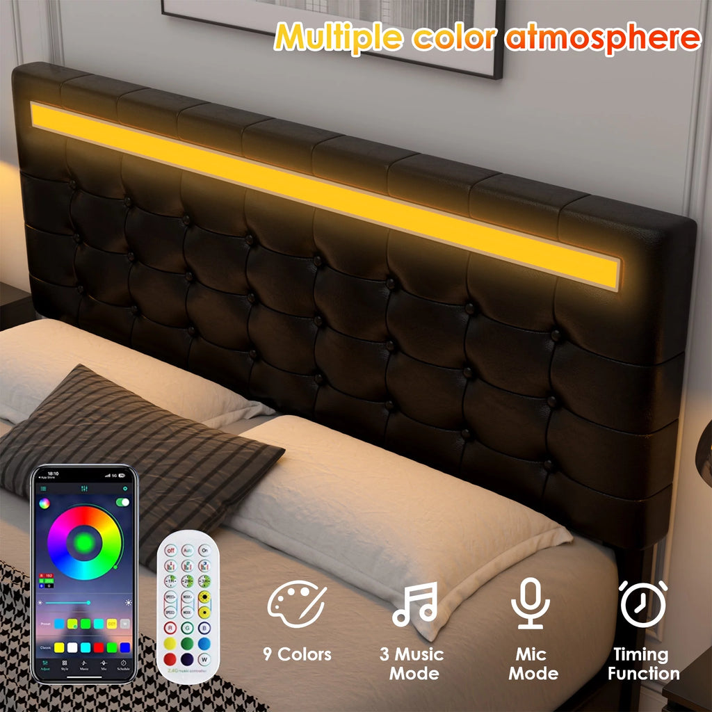 White Queen Floating Platform Bed with Lights and Storage K463
