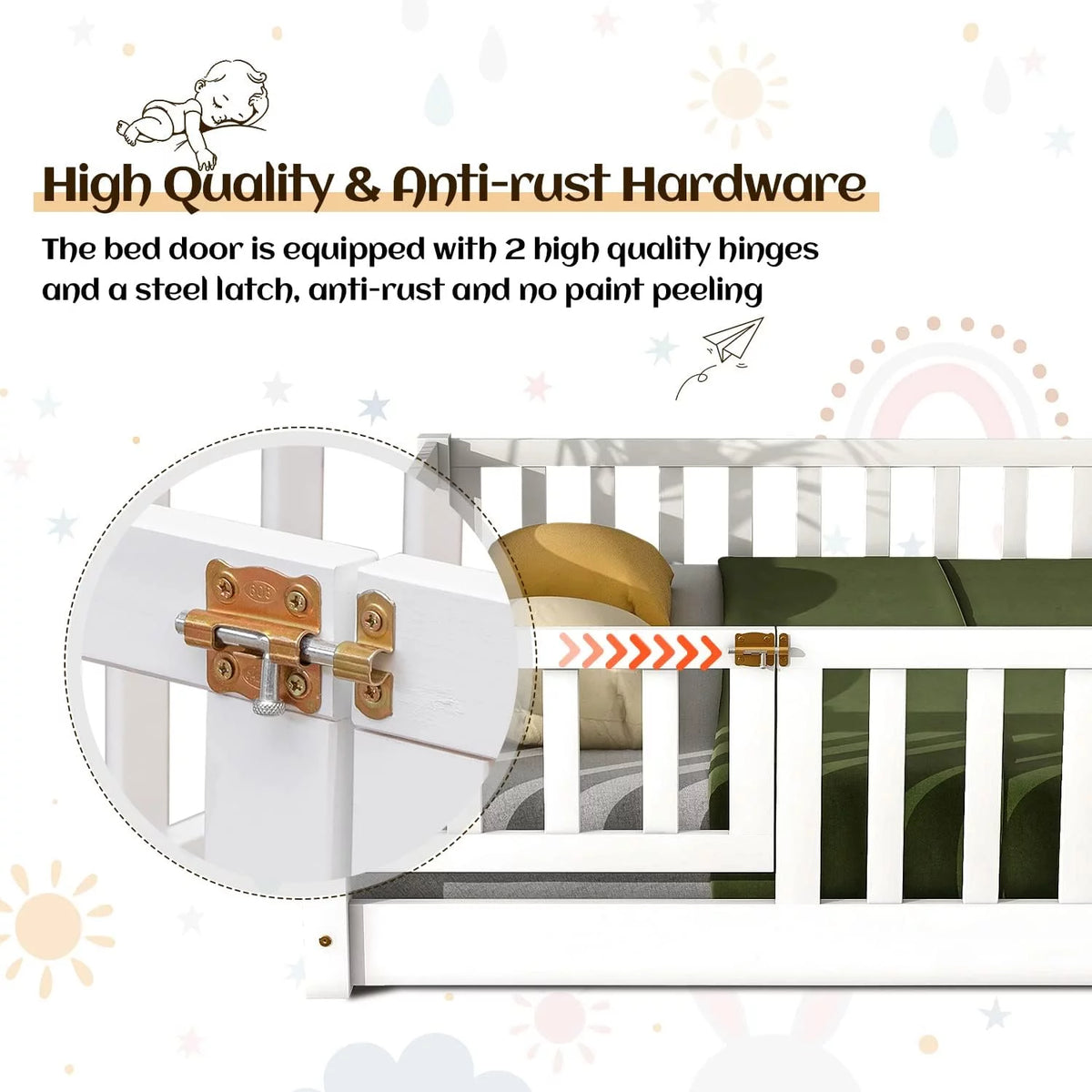 White Twin Floor Bed Frame with Fence and Wood Slats X246