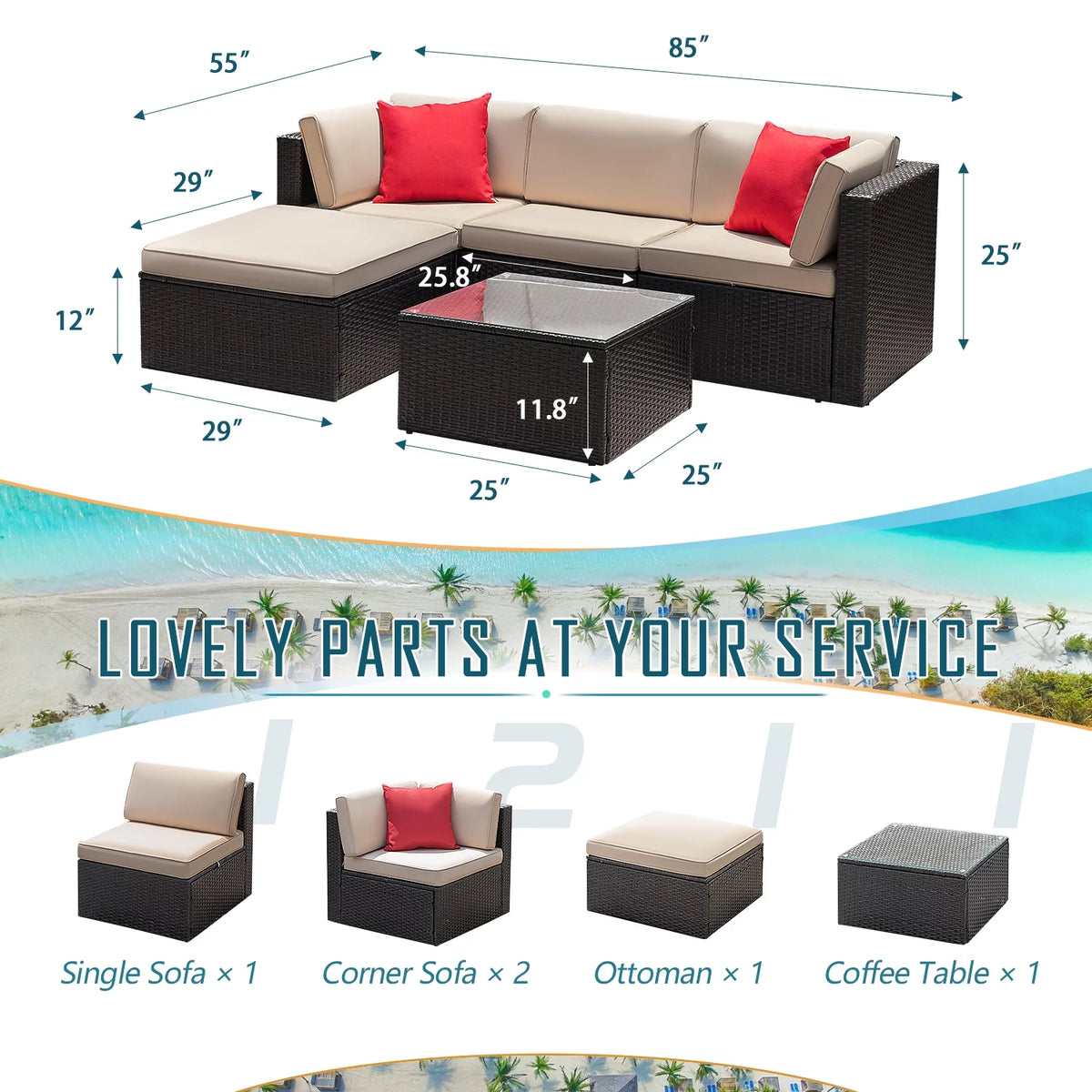 5 Pieces PE Rattan Wicker Patio Sectional Set with Table E8805