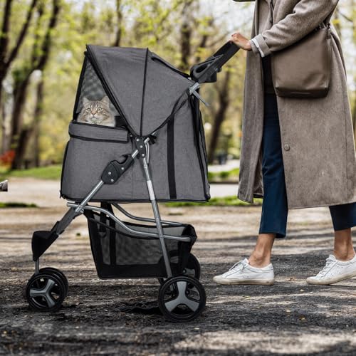 3 Wheels Pet Stroller with Storage Basket and Cup Holder W110502